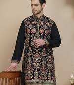 Black floral embroidered straight kurtas for men