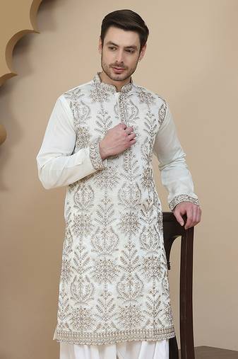 White embroidered silk blend kurtas for men