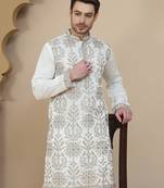 White embroidered silk blend kurtas for men