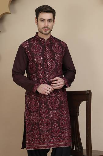 Purple embroidered silk blend kurtas for men