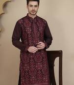 Purple embroidered silk blend kurtas for men