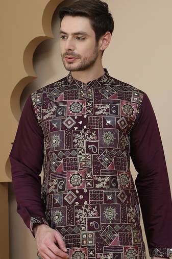 Purple embroidered straight kurtas for men