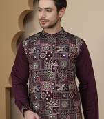 Purple embroidered straight kurtas for men