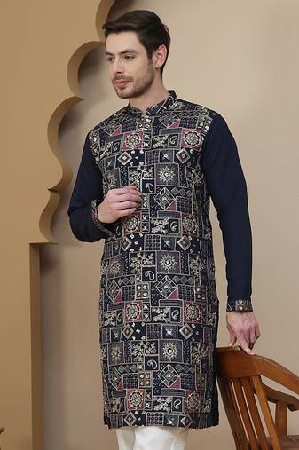Blue embroidered straight kurtas for men