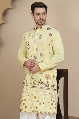 Yellow embroidered silk blend kurtas for men