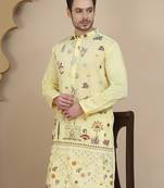 Yellow embroidered silk blend kurtas for men