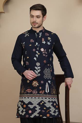 Blue embroidered silk blend kurtas for men