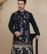 Blue embroidered silk blend kurtas for men