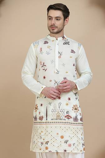 White embroidered silk blend kurtas for men