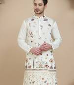 White embroidered silk blend kurtas for men