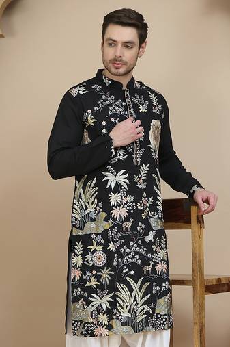 Black embroidered silk blend kurtas for men