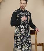 Black embroidered silk blend kurtas for men