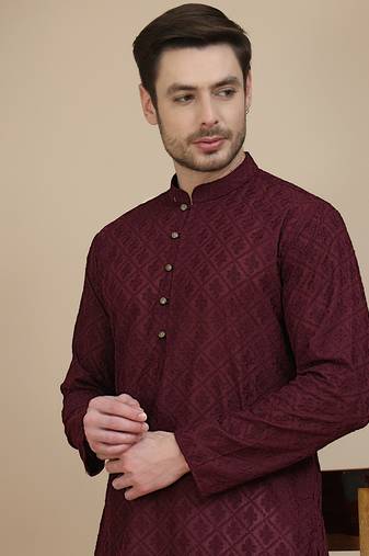 Purple embroidered cotton kurtas for men