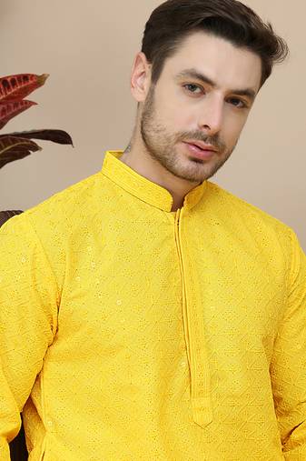 Yellow embroidered cotton kurtas for men