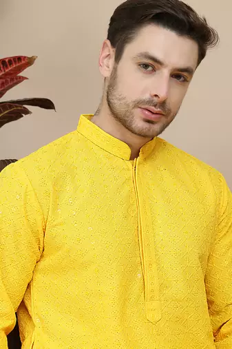 Yellow embroidered cotton kurtas for men