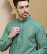 Green embroidered cotton kurtas for men
