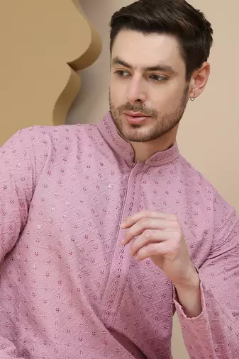 Pink embroidered cotton kurtas for men