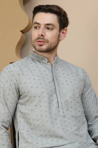 Grey embroidered cotton kurtas for men