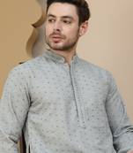 Grey embroidered cotton kurtas for men