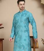 Blue stylish blue kurtas with artistic teal paisley print for men