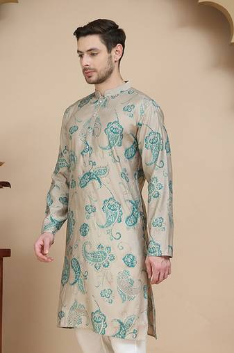 Beige stylish beige kurtas with artistic teal paisley print for men