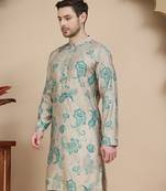 Beige stylish beige kurtas with artistic teal paisley print for men