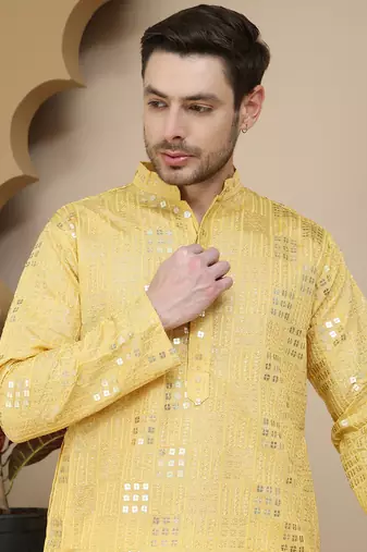Yellow embroidered and sequins kurtas for men