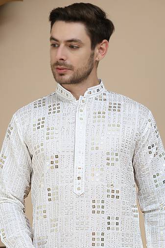 White embroidered and sequins kurtas for men