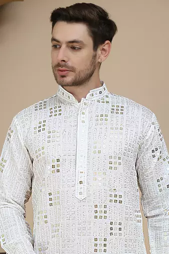 White embroidered and sequins kurtas for men