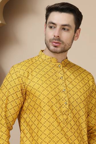 Yellow jacquard silk straight kurtas for men