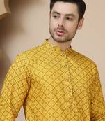 Yellow jacquard silk straight kurtas for men