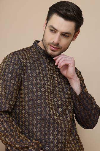 Brown jacquard silk straight kurtas for men