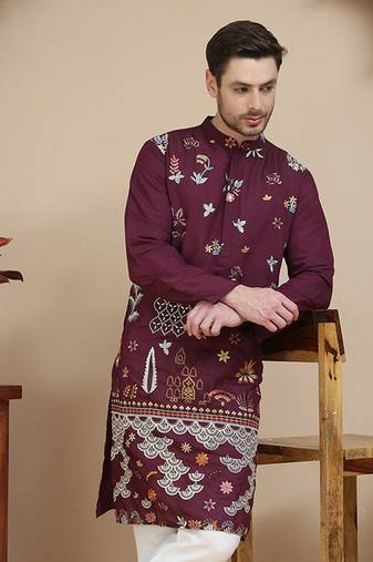 Red floral embroidered and sequins kurtas for men