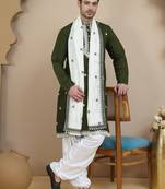 Green embroidered silk blend kurta salwar and dupatta set for men