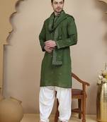 Green embroidered kurta salwar and dupatta set for men