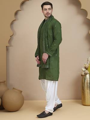Green embroidered kurta salwar and dupatta set for men 2