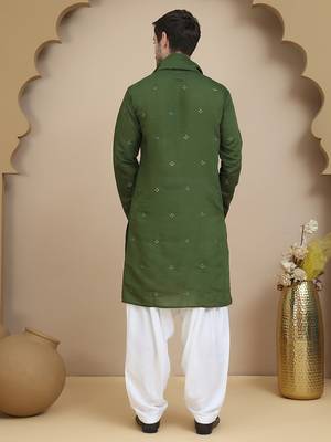 Green embroidered kurta salwar and dupatta set for men 3