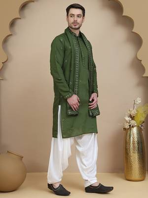 Green embroidered kurta salwar and dupatta set for men 4