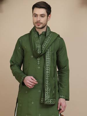 Green embroidered kurta salwar and dupatta set for men 5