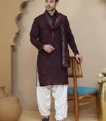 Purple embroidered kurta salwar and dupatta set for men