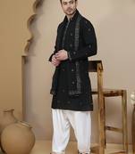 Black embroidered kurta salwar and dupatta set for men