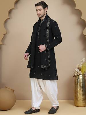 Black embroidered kurta salwar and dupatta set for men 2