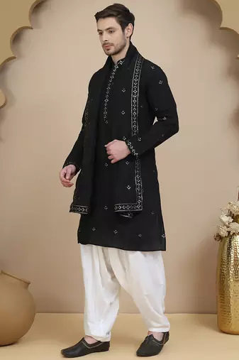 Black embroidered kurta salwar and dupatta set for men