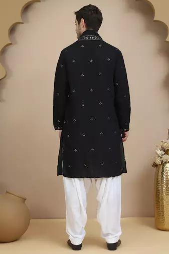 Black embroidered kurta salwar and dupatta set for men