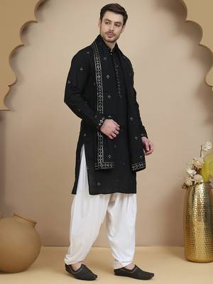 Black embroidered kurta salwar and dupatta set for men 4
