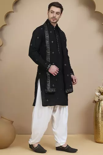Black embroidered kurta salwar and dupatta set for men