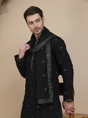 Black embroidered kurta salwar and dupatta set for men 5