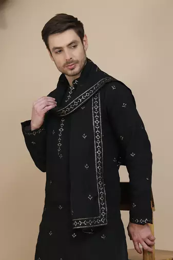 Black embroidered kurta salwar and dupatta set for men