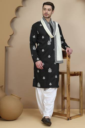 Black embroidered kurta salwar and dupatta set for men