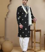 Black embroidered kurta salwar and dupatta set for men